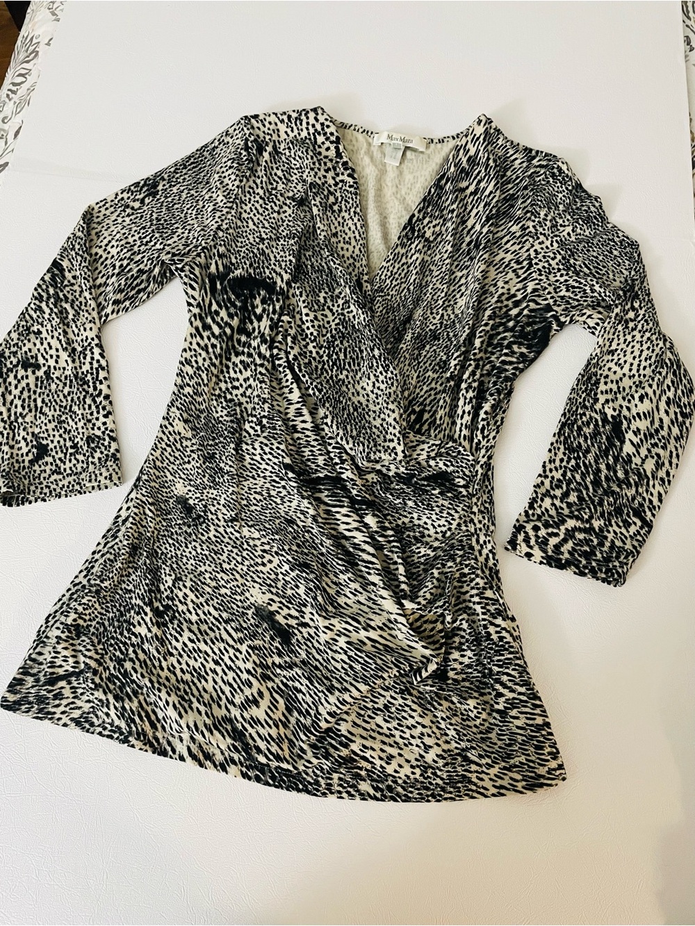 MaxMara Black and Cream Animal-Print Long-Sleeve Wrap Dress